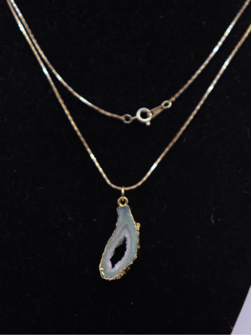Gold Vermeil Greenish Sliced Geode Pendant Necklace 29”